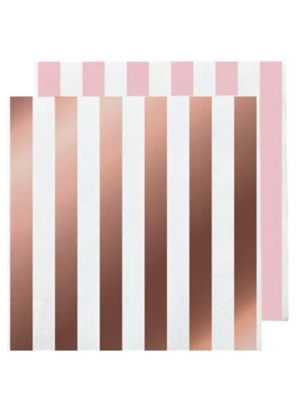 16 Rose Gold Stripe Paper Beverage Napkins Party Decoration 2ply 33cmx33cm