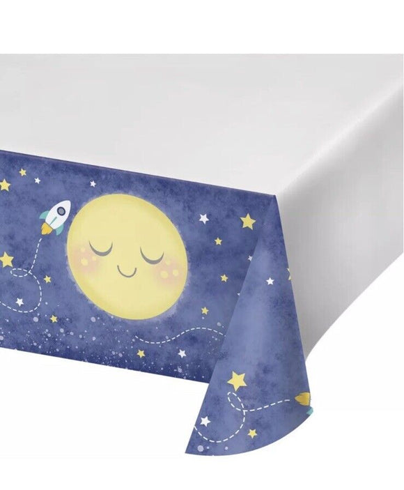 Moon and Back Stars Night Sky Space Baby Shower Party  Tablecover 54x102”