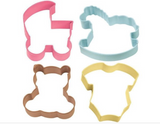 Wilton BABY Cookie Cutter Set Metal buggy bear rocking horse outfit -4 Pieces