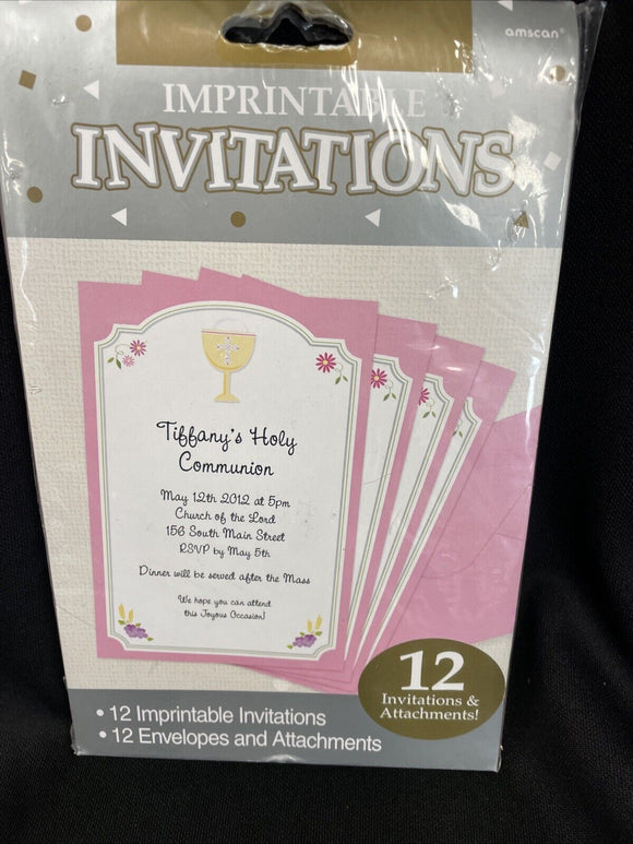 12 Imprintable Pink Communion Invitations, Envelopes & Attachments