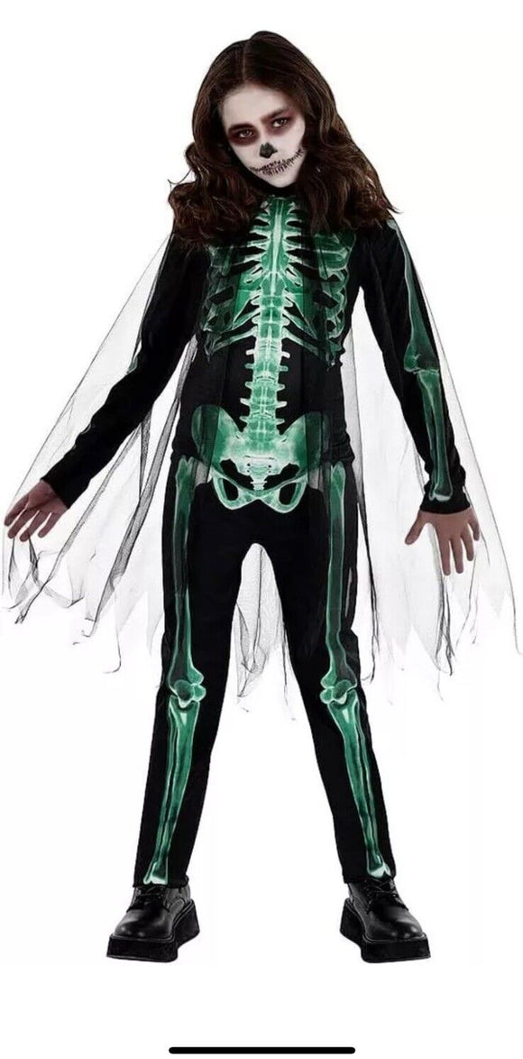Glow Reaper Grim Skeleton Girl Suit Child Costume Size Med 8-10