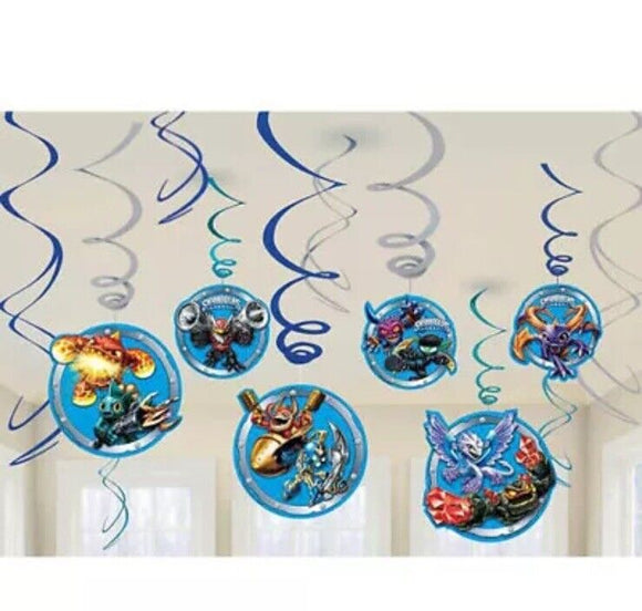 SKYLANDERS HANGING SWIRL DECORATIONS (12) ~ Birthday Party Supplies Foil Ceiling