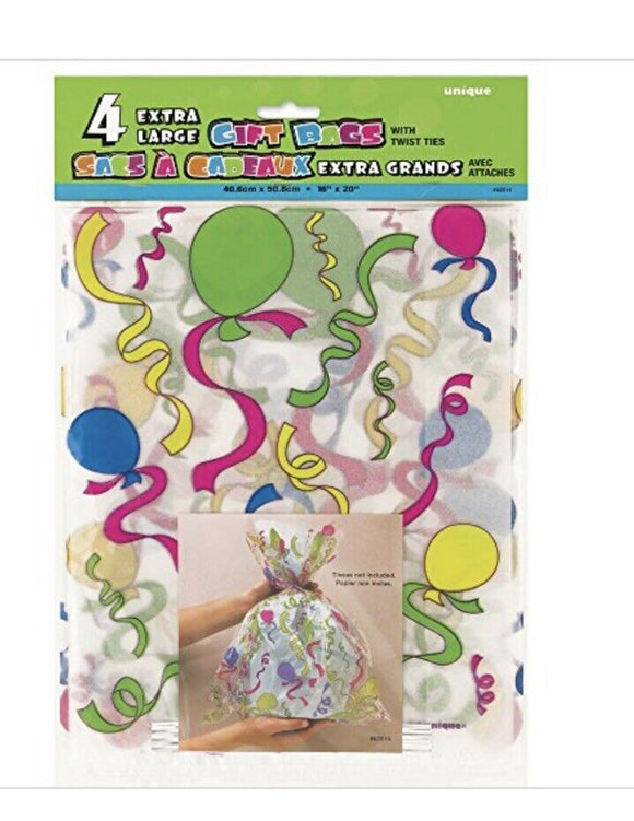 Large Balloons & Streamers Cellophane Gift Bags16”x20”, 4ct