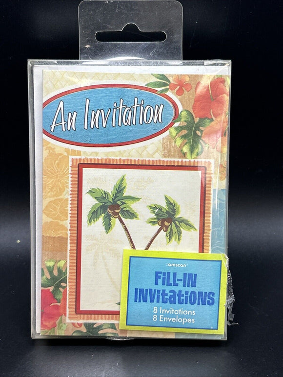 Palm Tree Tropical Hawaiian Luau Beach Theme Party  Invitations Envelopes8 Ct