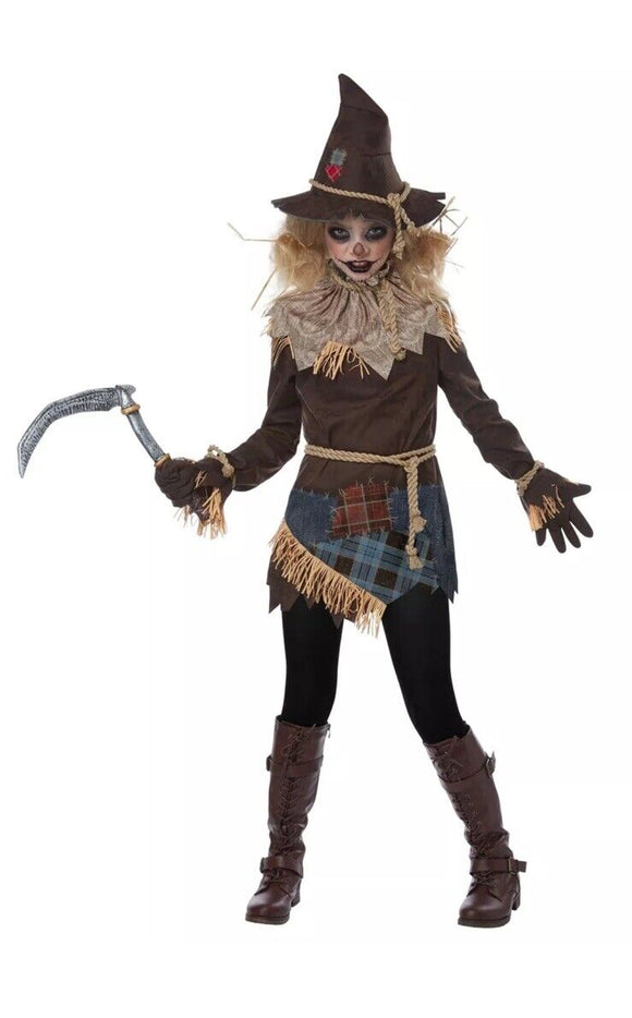 Creepy Scary Scarecrow Halloween Costume Medium 8-10 Tunic Hat Belt Scythe