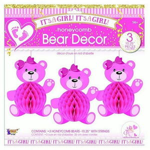 It’s A Girl! Honeycomb Bear Decor - 3 - 10.25” Pieces With Strings