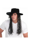 80's Adult Hat And Black Long Curly Costume Wig0