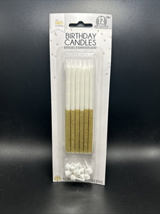 Gold Glitter Dipped White Candles 5" tall - 12 ct w/Cake Inserts