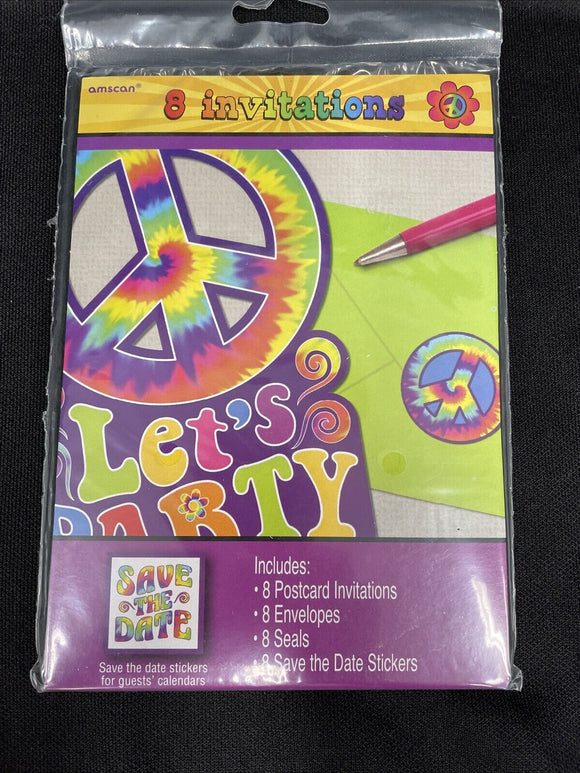 PEACE SIGN LETS PARTY INVITATIONS - 8 Invites w/ Envelopes Seals & Stickers