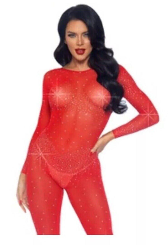 Leg Avenue Women  Sheer Rhinestone Catsuit Costume Piece Red Small