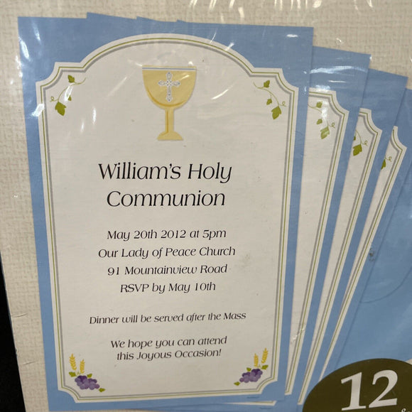 Religious First Communion Blue Imprintable Invitatons W/ Envelopes (12ct)