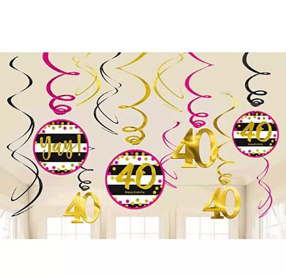 Pink & Gold Milestone 40th Birthday Hanging Swirl Decorations Fortieth12 Dangler