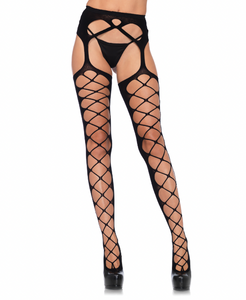 Leg Avenue Womens Diamond Fishnet Opaque Stocking Attached Garter Belt 1778 OSFM