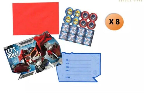 8 TRANSFORMERS INVITATIONS Birthday Party Postcards Lets Roll Invites + Stickers