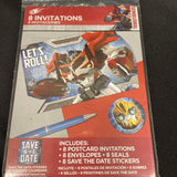 8 TRANSFORMERS INVITATIONS Birthday Party Postcards Lets Roll Invites + Stickers