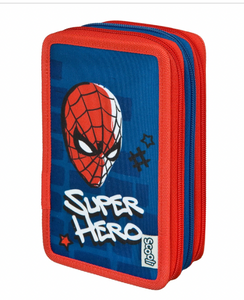 Scooli 3 Zipper Pocket Spiderman Pencil Case W/colored Pencils & Accessories Marvel