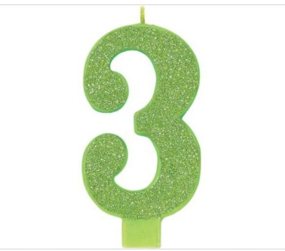 Birthday Candle Large Num Glitter Candle #3 - Green