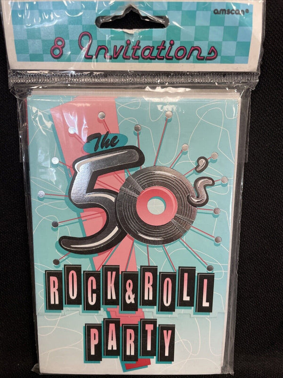 ROCK & ROLL PARTY INVITATIONS 1950s Sock Hop Jukebox Fill-In Music Oldies 8Ct