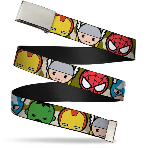 Chrome Buckle Web Belt - Kawaii Avengers Faces CLOSE-UP- WMC004