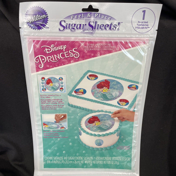 WILTON-Edible Sugar Sheets Princess Ariel Design Fits 8” Round Or 9x13” Cakes