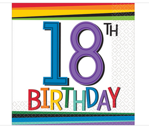 18th Rainbow Birthday 16ct. 2-Ply Beverage Napkins Party Supplies