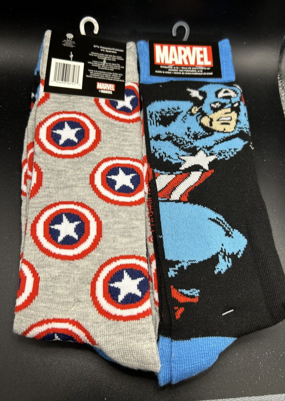 2 Pair Marvel Captain America Crew Socks, Adult Shoe Size 6-12, Comics