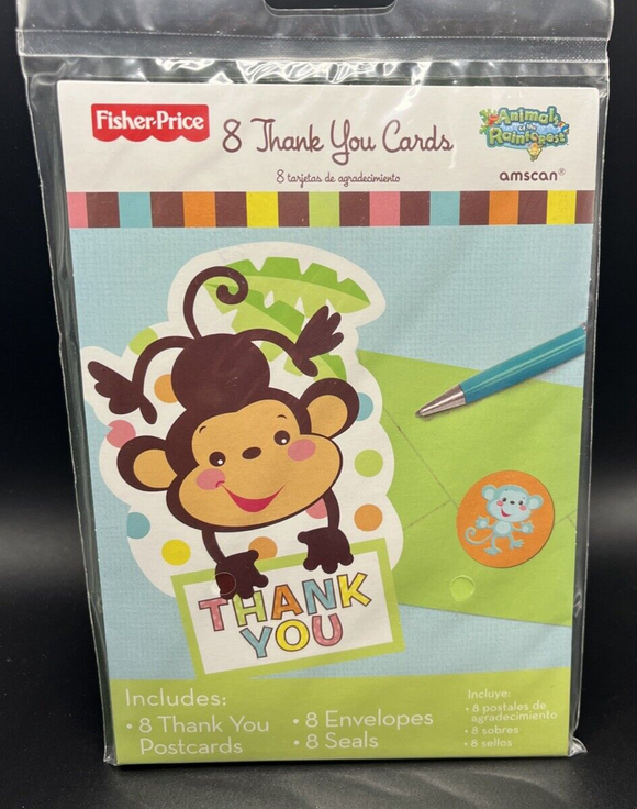 Fisher Price Hello Baby Jungle Animals Cute Shower Party Thank You Notes Cards