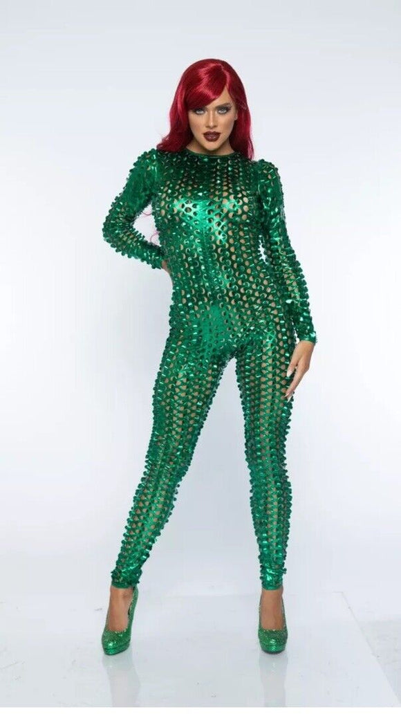 Leg Avenue Laser Cut Metallic Catsuit, Green, Small