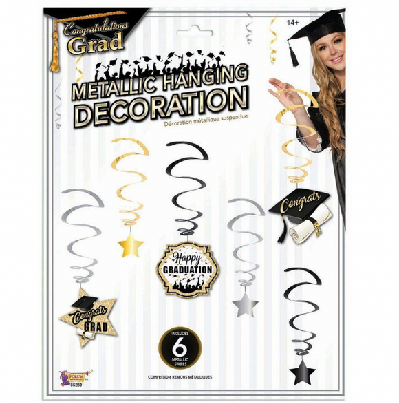 Rubies Graduation Swirl Metallic Hanging Decoration (6 Pcs) Black, Gold, Silver