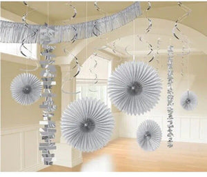 SILVER DELUXE ROOM DECORATING KIT (18pc) ~ Wedding Birthday Party Supplies Fans