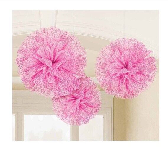 Pink Paisley Large Fluffy Pom Pom Hanging Decorations (3ct)