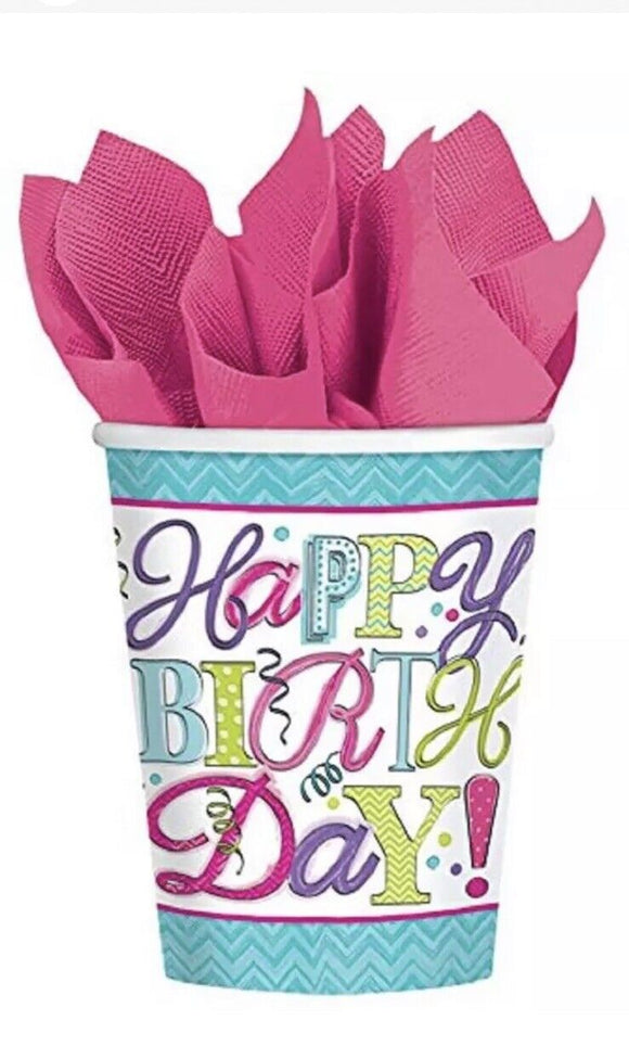 Sweet Party Bright Colors Modern Adult Happy Birthday Party 9 oz. Paper Cups