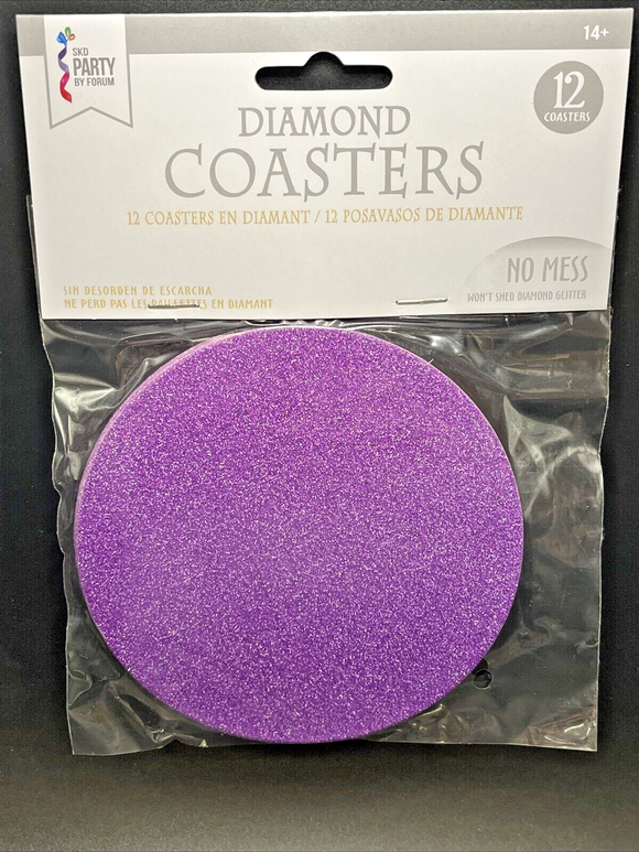 12 Diamond 4” Round Drink Coasters Purple No Mess