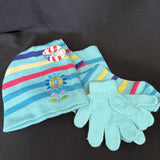 Kids Hat and Glove Set Blue W/Stripe Flower Embroidery0