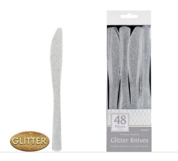 Glitter Silver Premium Plastic Knives 48ct