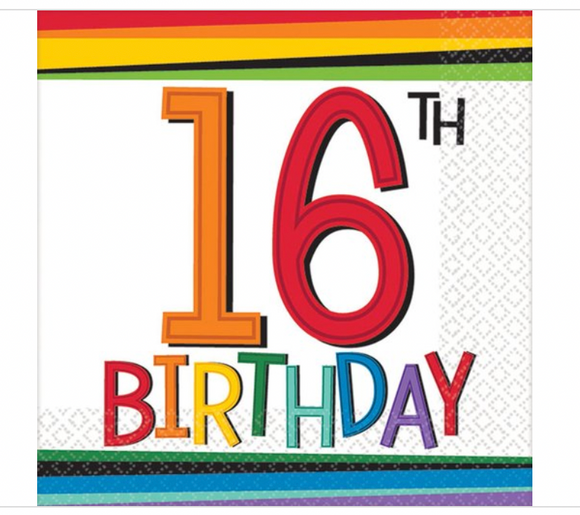 16TH Rainbow Birthday 16ct. 2-Ply Beverage Napkins Party Supplies