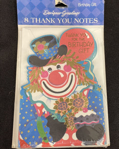 Clown Themed Thank You For The Birthday Gift 8 Ct Note Cards