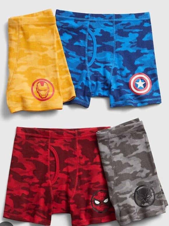 GAP 4 Pairs  Cotton Marvel Logo Camo Design Kids Size 8 Boxer Briefs