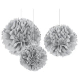 ROUND SILVER FLUFFY POM POM DECORATIONS 3ct Birthday Wedding Party Supplies