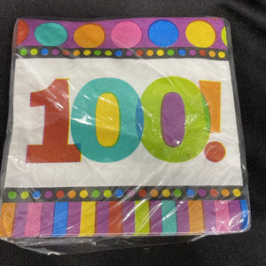 Happy 100th Birthday Dot’s And Stripes Beverage Napkins 16Ct