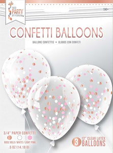 3 12” Confetti Clear Latex Balloons Confetti - Rose Gold/White/Light Pink