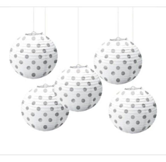 Amscan 5 in. Mini White and Silver Polka Dot Paper Lanterns (3-Pack)