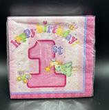 Fun at One Girl Pink Cute Kids First 1st Birthday Beverage Napkins 16-3 ply