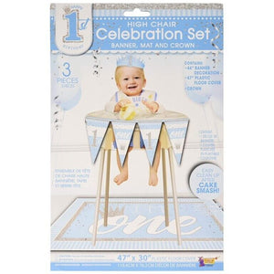 Happy 1st Birthday 3 Pcs High Chair Celebration Set Banner, Mat, And Crown Blue