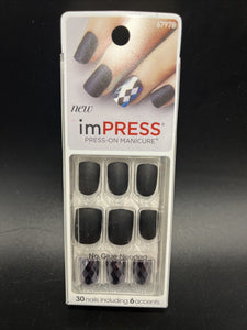 NEW Kiss Nails Impress Press On Manicure Short Gel Matte Black Geometric Accent