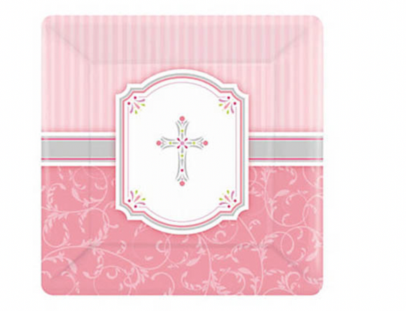 Blessing Pink Christening/Communion 10” Square Plates 8Ct