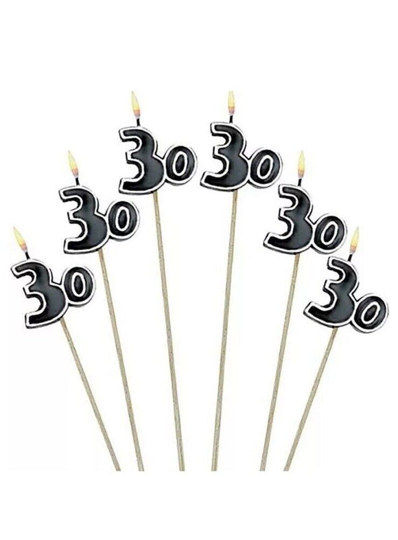 Black 30th Birthday Candles~30th Birthday Anniversary Party Cake Decoration 6ct