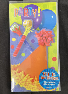 Party Celebration Streamers Fill-In Invitations 8Ct W/Envelopes