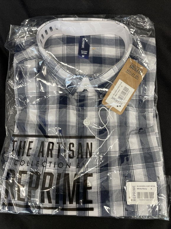 Artisan Collection Reprime Mens M 100% Cotton Mulligan Check Shirt RP250 Wht/Nav