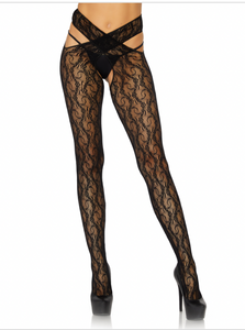 Leg Avenue Daisy Chain Floral Lace Crotchless Wrap Around Tights Black OS 1903